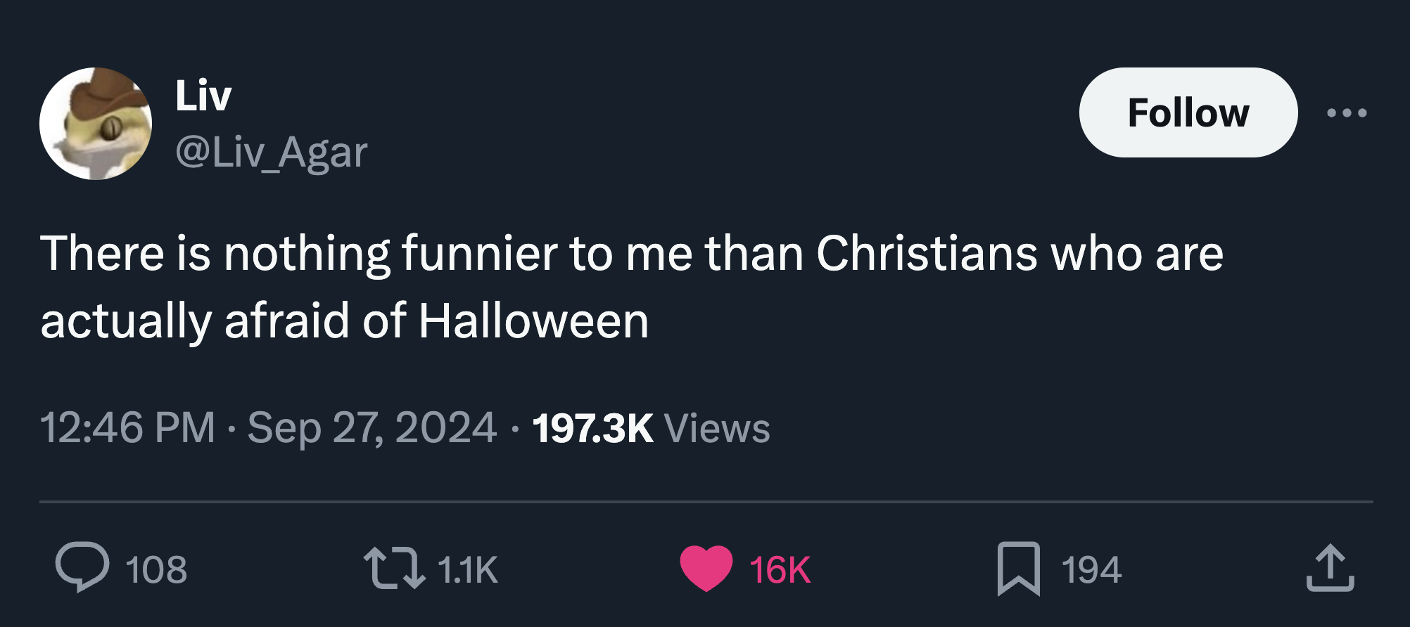 screenshot - Liv There is nothing funnier to me than Christians who are actually afraid of Halloween Views > 108 16K 194